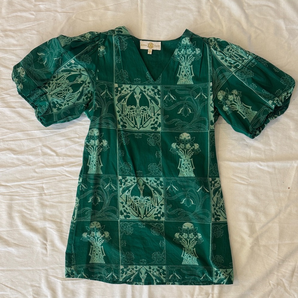Green Printed Mini Dress with Puff Sleeves
